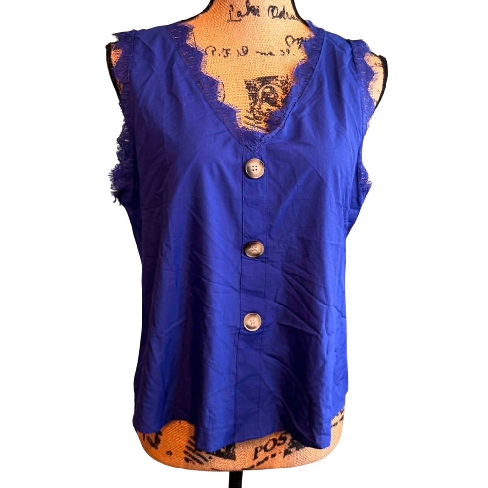 NWT Suvimuga Womens Button Front Lace Trim V-Neck Sleeveless Blouse‎ Blue Large